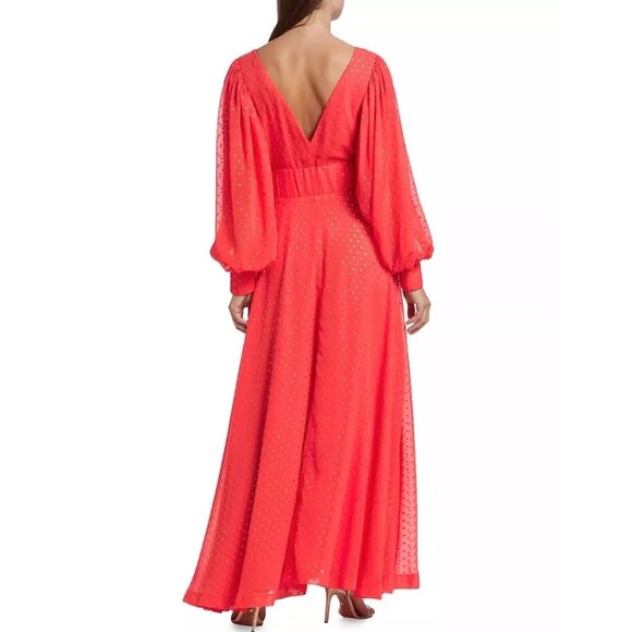 Kimberly Goldson Size XS Lesli Jacquard Long Sleeve Maxi Dress Coral Gold V Neck - Picture 2 of 16